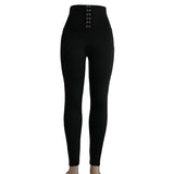 New   pin women's black high waist button hip lifting casual Leggings slim pants